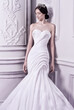 Elegant woman princess wearing a beautiful high fashion haute couture wedding dress against baroque design studio.