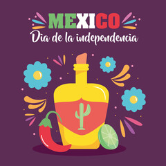 Poster - Mexico independence day design with tequila bottle and decorative flowers around