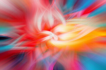 Poster - Abstract colorful illustration. Interesting, swirling, abstract background or texture with shades of red, orange, yellow, green, blue flowing outwards from the center becoming soft