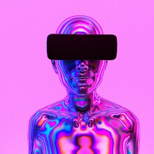 Human In VR Glasses On Pink Background. 3D Rendering Conceptual Illustration Of Robotics, Artificial Intelligence And Virtual Reality.