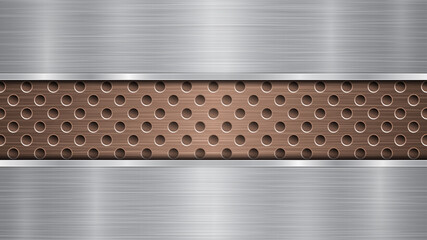 Background of bronze perforated metallic surface with holes and two horizontal silver polished plates with a metal texture, glares and shiny edges