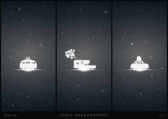 Sticker - Retro car in space. White silhouettes of people traveling in camper. Black and white vertical backgrounds with stars and glowing outline. Abstract vector illustration set