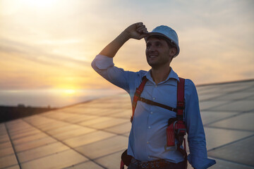 Wall Mural - maintenance assistance technical worker in uniform is smiling satisfied of his work after checking o