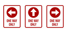 Set Of One Way Only Vertical Warning Poster Sign Icons With Direction Arrow And Text. Vector Image.