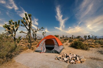 this image shows an empty camping tent in the middle of a remote desert landscape next to a fire pit