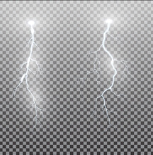 White Realistic Lightning. Thunder Spark Light On Transparent Background. Illuminated Realistic Path Of Thunder And Many Sparks. Bright Curved Line.