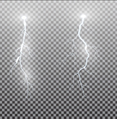 White realistic lightning. Thunder spark light on transparent background. Illuminated realistic path of thunder and many sparks. Bright curved line.