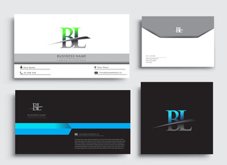 Clean and simple modern Business Card Template, with initial letter BL logotype company name colored blue and green swoosh design. Vector sets for business identity, Stationery Design.