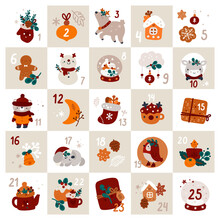 Christmas Advent Calendar With Bull, Reindeer, Snowman, Ginger Man, Cute Baby Animals And Gifts, Hand Drawn Cartoon Style. Illustration With Festive Decorations And Numerals. Christmas Theme.