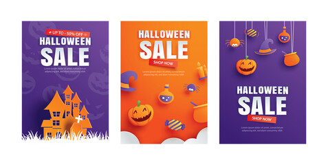 Wall Mural - Halloween sale promotion template with paper art element design for flyer, banner, poster, discount, advertising.