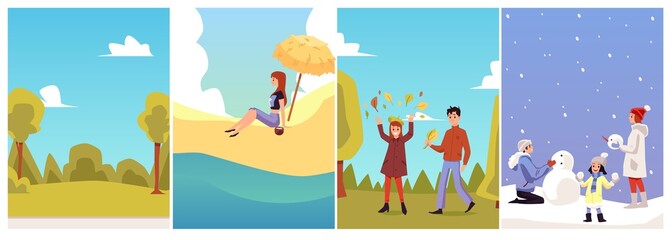 Wall Mural - Four seasons landscapes cards set with people characters vector illustration.