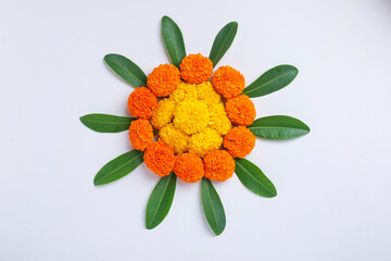 Marigold Flower rangoli Design for Diwali Festival , Indian Festival flower decoration