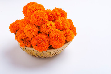 Poster - Marigold flowers in basket on white background