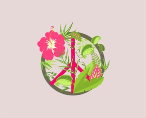 Peace Hippie Symbol with palm branches and tropical leaves, pink hibiscus flower for textile art. T shirt fashion print