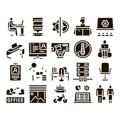 Aufkleber - Office And Workplace Glyph Set Vector. Office Table And Chair, Badge And Business Case, Water Cooler And Computer Screen Glyph Pictograms Black Illustrations