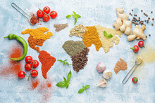 World Map Made Of Different Spices On Light Background