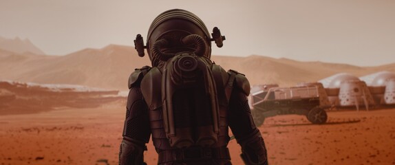 Wall Mural - back view of astronaut wearing space suit walking on a surface of a red planet. martian base and rov