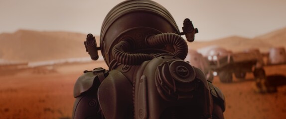 Wall Mural - back view of astronaut wearing space suit walking on a surface of a red planet. martian base and rov