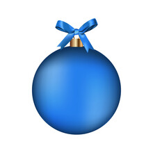 Realistic 3d Vector Blue Bauble With Ribbon Bow Isolated On White Illustration.