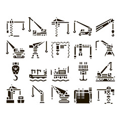 Sticker - Crane Building Machine Glyph Set Vector. Crane Port Construction For Unloading Ship And Tower For Build House, Lifting Weight Glyph Pictograms Black Illustrations