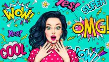 Surprised  Woman On Pop Art  Background . Advertising Poster Or Party Invitation With Sexy Club Girl With Open Mouth In Comic Style. Presenting Your Product. Expressive Facial Expressions