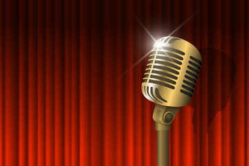 Gold vintage microphone illuminated and red curtain background. Retro music concept. Mic on empty theatre stage. Stand up comedy night show. Karaoke party vector eps art illustration