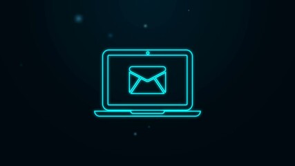 Poster - glowing neon line laptop with envelope and open email on screen icon isolated on black background. e