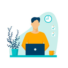 Poster - Male character works at home using laptop. Freelancer fulfills an urgent order at home designer on sick leave finishes project for delivery comfortable rest and vector work.
