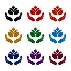 Poster - Hands holding lotus icon, color set