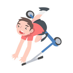 Sticker - Cute Boy Falling from Kick Scooter, Traumatic Accident, Health Risk, Pain, Injury Cartoon Style Vector Illustration