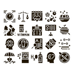 Poster - Healthy Lifestyle Glyph Set Vector. Healthy Food Dish And Vitamin Pills, Sport And Walking, Non-alcohol And Non-smoking Glyph Pictograms Black Illustrations