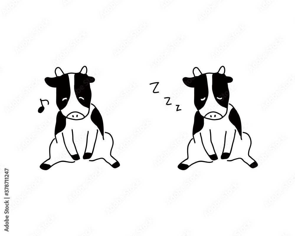 牛の手書きイラストのセット かわいい シルエット 丑 シンプル Wall Mural Yugoro