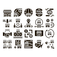 Sticker - Franchise Business Glyph Set Vector. Franchise And Trade Mark, Wideworld Branches And Dollar, Handshake And Contract Glyph Pictograms Black Illustrations