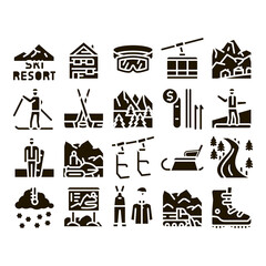 Poster - Ski Resort Vacation Glyph Set Vector. Ski Snow Track And Shoe, Protective Glasses And Sled, Chairlift Cableway And Cabin Glyph Pictograms Black Illustrations