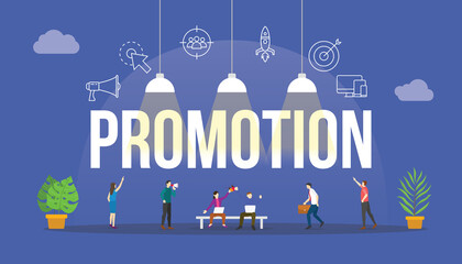 promotion business concept with people and big text word and related icon flat