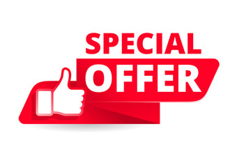 Poster - Special offer catchy sticker or web button - isolated red vector promo element with text and thumbs up