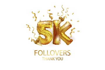 Poster - 5 thousand. Thank you, followers. 3D vector illustration for blog or post design. 5K gold sign made of foil gold balls with confetti on a white background. Holiday banner in social networks.