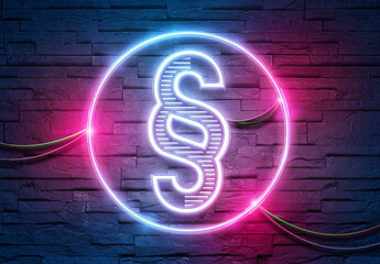 Wall Mural - law paragraph neon icon illuminating a brick wall with blue and pink glowing light 3d rendering