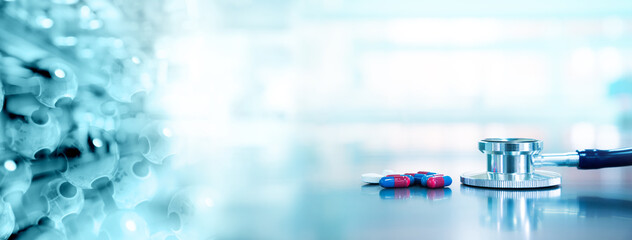 Wall Mural - stethoscope with capsule drug with molecular chemistry structure in blue health science laboratory b