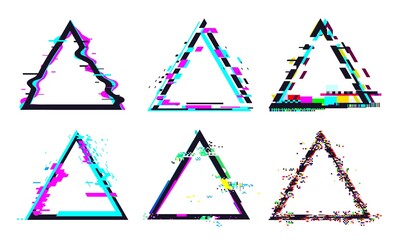 Fototapete - Glitch triangle frame. Destroyed geometric shape with distorted signal or noise. Light bug effects and colorful defected glitches set or collection for logo isolated vector illustration