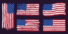 USA American Grunge Flag. US Flags Graphic Design With Stars And Stripes And Grunge Texture. T-shirt Print, Wallpaper Design Vector Set. USA National Flag For Holiday Celebration Illustration