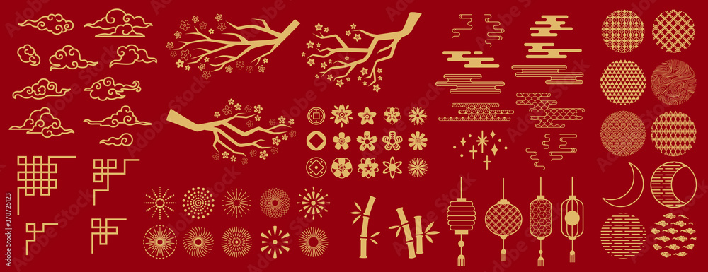 Asia elements. Chinese festive decor gold floral patterns and ornament, lanterns, clouds and moon, flowers sakura branch oriental vector set. Japanese decoration symbols as bamboo and branches - obrazy, fototapety, plakaty 