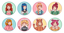 Anime Girls Avatars. Color Portraits Cute Manga Female Teens In Various Clothes With Different Emotional Expressions Stickers Vector Set. Characters With Various Hairstyle And Costumes