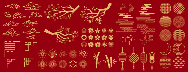 Asia elements. Chinese festive decor gold floral patterns and ornament, lanterns, clouds and moon, flowers sakura branch oriental vector set. Japanese decoration symbols as bamboo and branches