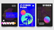 Cyberpunk Poster. Futuristic Background With Summer Sunset And Palm Trees In Circle Frame. Striped Figures And Geometric Shapes For Music Album Cover, Event Vector Illustration Set