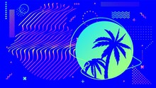 Cyberpunk Bright Blue Background With Palm Trees In Circle Frame With Wavy Lines Or Stripes. Synthwave Or Retrowave Style Of 80s Or 90s With Dots, Zigzags And Shapes Vector Illustration