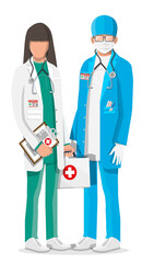 Wall Mural - Two doctors in coat with stethoscope and case. Medical suit with different pills and medical devices in pockets. Healthcare staff, hospital and medical diagnostics. Vector illustration in flat style