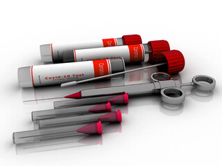 3D illustration covid 19 testing kit with syringe