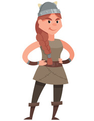 Female viking with hands on her belt. Smiling character in cartoon style.