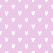 Seamless Pattern White Doodle Hearts On Pastel Lavender Background. Elegant Print For Fabric Textile Gift Paper Scrapbook Wallpaper Kids Clothes Nursery Decor